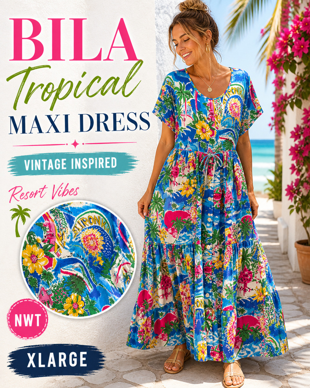 BILA Tropical Midi Dress XL Vintage Inspired Resort Palm Beach NWT
